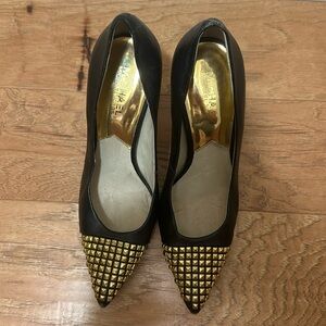 Michael Kors black leather heels with gold accents
